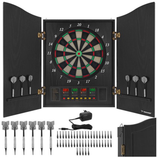 Trizand Elektronisch dartbord met afsluitbare kast, speelveld 35 cm, 4 LED displays, 27 spellen, 243 varianten, 1 tot 16 spelers, netvoeding