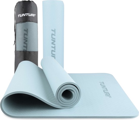 Tunturi Yoga Mat 8mm - Pilates mat - Extra dikke fitness mat - 183x61x0,8 cm - Incl Draagtas - Ecologisch materiaal - Eenvoudig te reinigen - Licht Blauw van Tunturi
