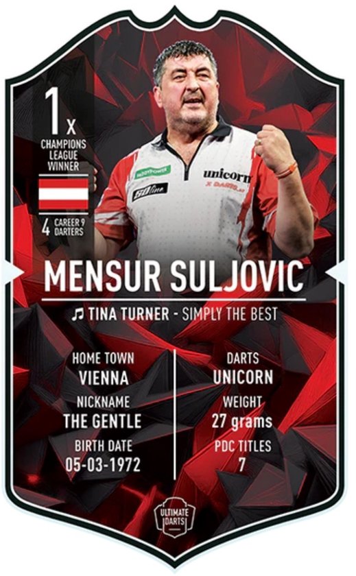 Ultimate Card Mensur Suljović – Darts Verzamelkaart – Champions Editie – 37 x 25 cm – Premium Kunststof – Inclusief Echtheidscertificaat