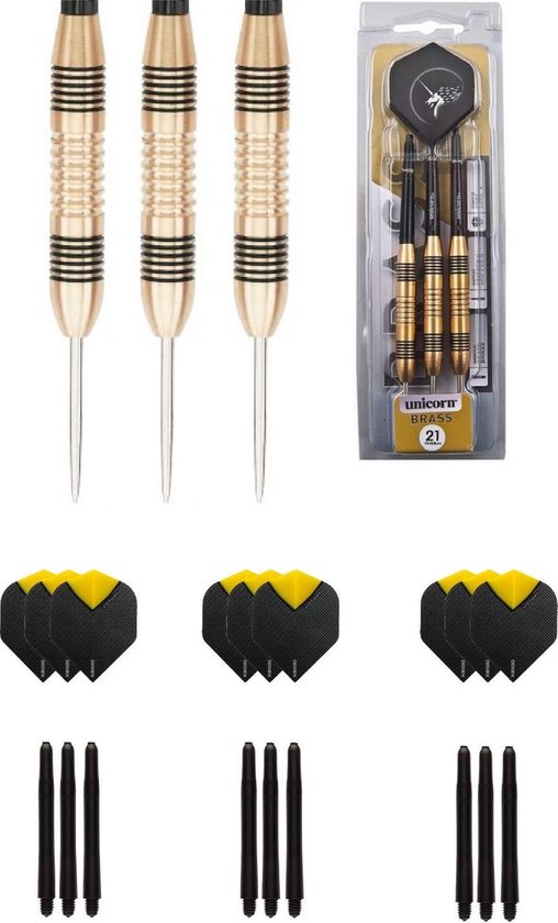Unicorn Core Brass 23 gram dartpijlen met extra 9 extra - dartshaft - en 9 extra - dartflights van Unicorn