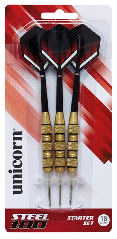 Unicorn Dartpijlen Starter Set |Premium Brass Pijlen - Steeltip - Inclusief Dart Flights |Coated Messing Darts |Geavanceerde dart-technologie |Perfect platform |Gecoate dartpunt voor maximale grip| GOLD |STEEL 100| 18g| 16CM |3X Pijlen van Unicorn