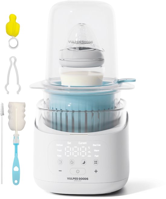 Vulpes Goods® BabyCare - Flessenwarmer - 10in1 - Verwarmt zeer snel - Warmhouden 24u, Ontdooien & Steriliseren - Flesverwarmer met Nachtlamp - Sterilisator met Stoomkap - Incl. Schoonmaakset - Fast Heating Technologie - PRO V2 Versie van Vulpes Goods®