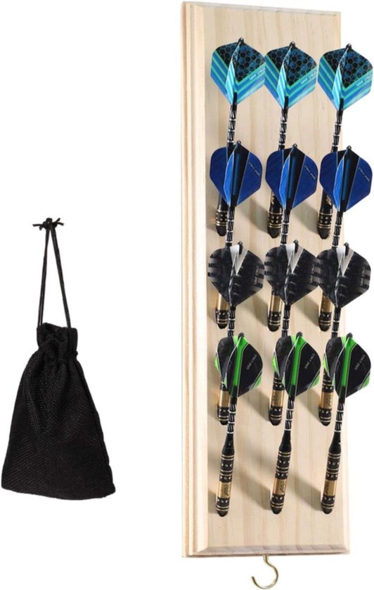 Wandgemonteerde darthouder massief houten - opbergtas voor 12 zachte of stalen tip darts - metalen haken - accessoires - originele houtkleur van Zweezle