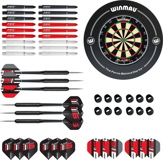 Winmau Blade 6 Starter Pack + Surround, starterSet, Winmau Surround Zwart, twee Sets Winmau Brass darts, Incl. Blade 6-design flights van Winmau