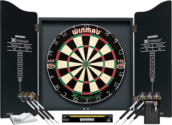 Winmau Dart Xtreme Dartbord - Professionele Dartset - Kast: Hout - Vanaf 12 jaar - Complete set van de toonaangevende Engelse fabrikant "Winmau" - Sisal dartbord in toernooikwaliteit - Bord met zwarte houten kast met dubbele deuren van Winmau