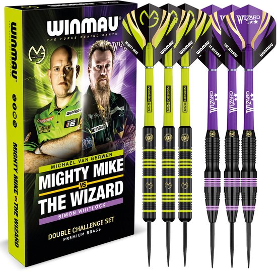 WINMAU Darts Michael 'MvG' Van Gerwen Vs Simon 'The Wizard' Whitlock | Twin Set | 22g Steeltip messing darts Set met vluchten en schachten (stengels)