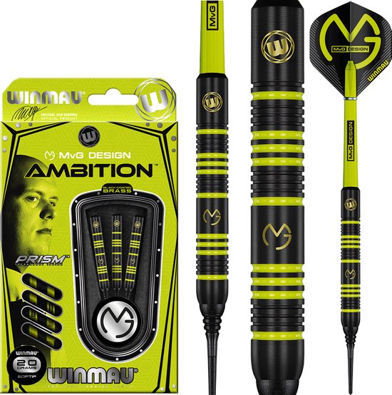 WINMAU - Michael van Gerwen MvG Ambition Black Coated Brass Soft Tip Dartpijlen - 18 gram vat/20 gram totaal gewicht van Merkloos