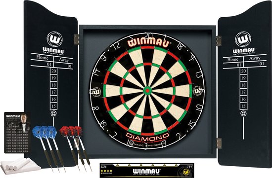 WINMAU - Professional Dart Set met Diamond Plus Bristle Dartboard, Zwart Cabinet, met 2 set 2 sets darts en officiële oche-lijn van Winmau