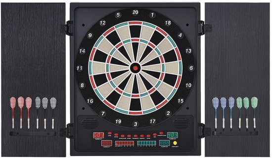 Zerova Elektrisch dartbord met LED Scorebord - Digitaal Dartspel voor 8 Spelers Inclusief 12 Darts en 30 Reservepunten - Zwart